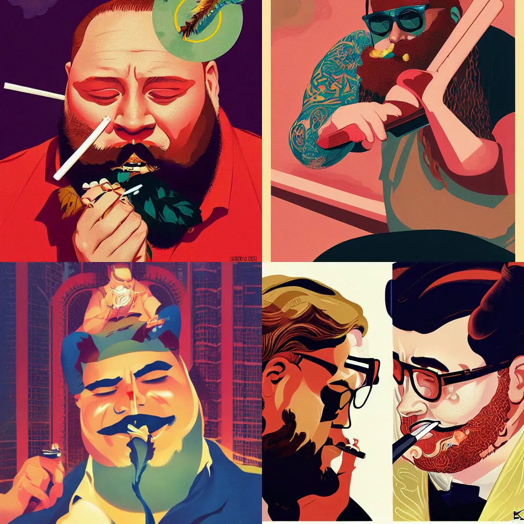 Prompt: Action Bronson smoking doja by Sachin Teng + Karol Bak + Rolf Armstrong