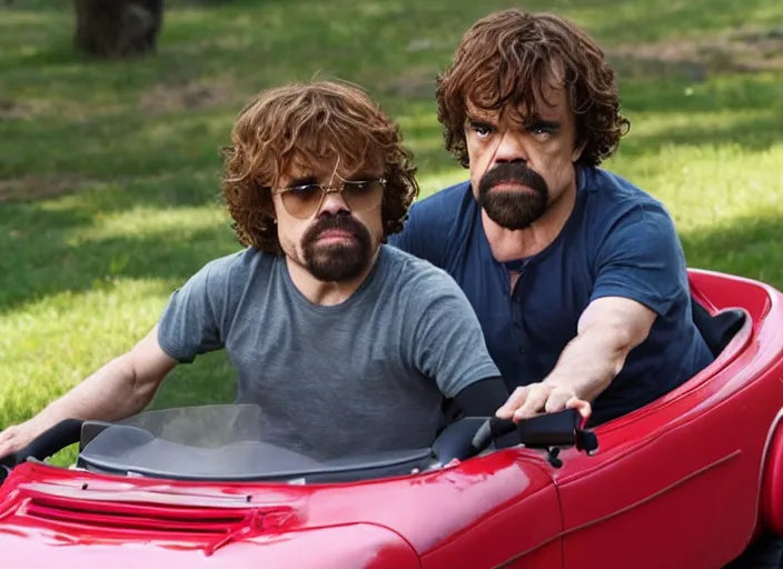 Image similar to peter dinklage and emma stone driving a little tikes cozy coupe, movie still, from the new smokey and the bandit movie, 8 k, realistic