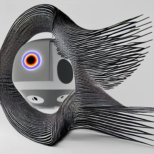 Image similar to three dimensional portrait of a robot inspired by data - driven art, generative, coding, particle waves, spirals