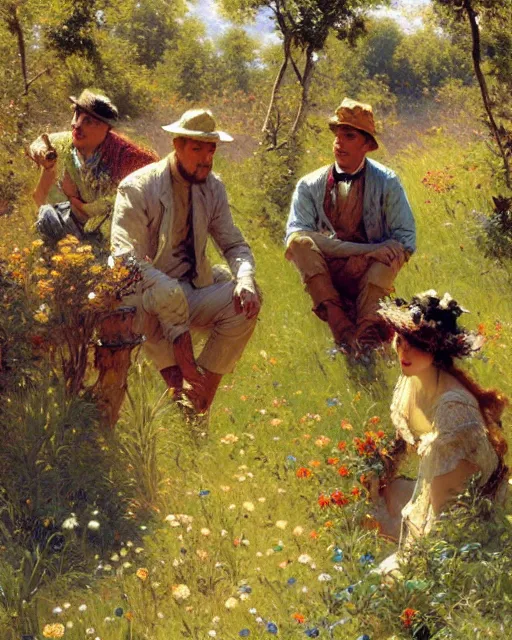 Image similar to handsome men reminisce about the end of spring in a field of bright flowers, cool colors, hard angles, painting by gaston bussiere, craig mullins, j. c. leyendecker