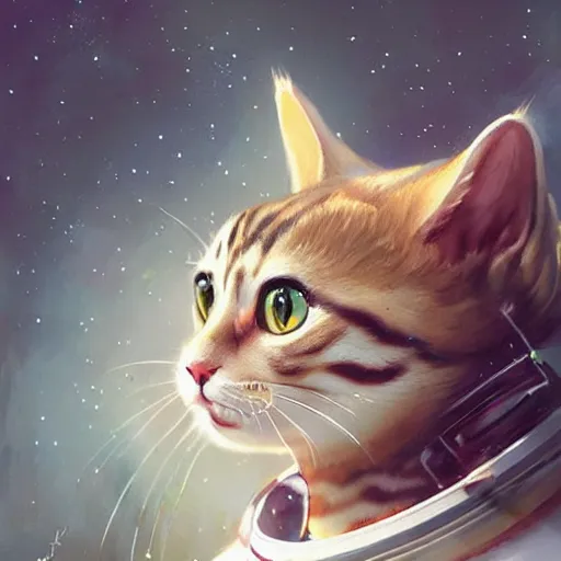 Image similar to head and shoulders masterpiece portrait of a cute adorable cat wearing a spacesuit, surreal background, digital art by krenz cushart, trending on artstation, cgsociety,