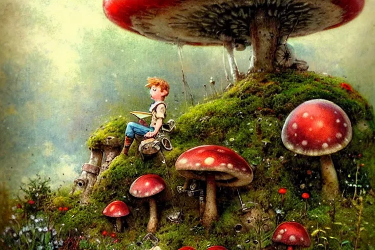 Prompt: adventurer ( ( ( ( ( 1 9 5 0 s retro future robot android boy in forrest of giant mushrooms, moss and flowers stone bridge. muted colors. ) ) ) ) ) by jean baptiste monge!!!!!!!!!!!!!!!!!!!!!!!!! chrome red