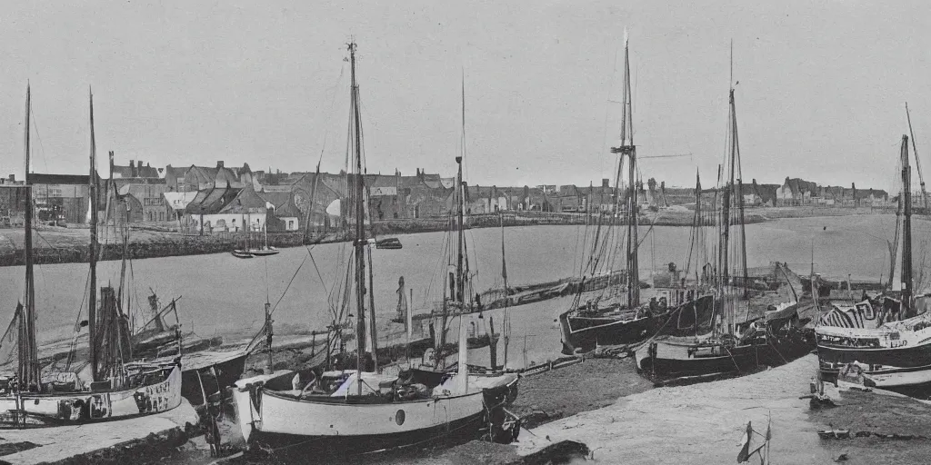 Prompt: vintage photo of boast in Wick harbour in the 19th century