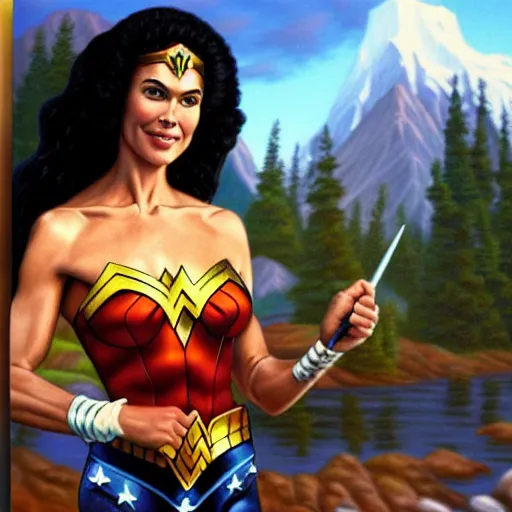 Image similar to a closeup photorealistic photograph of bob ross working on a canvas painting of wonder woman. film still. brightly lit scene. mountains and trees. this 4 k hd image is trending on artstation, featured on behance, well - rendered, extra crisp, features intricate detail, epic composition and the style of unreal engine.