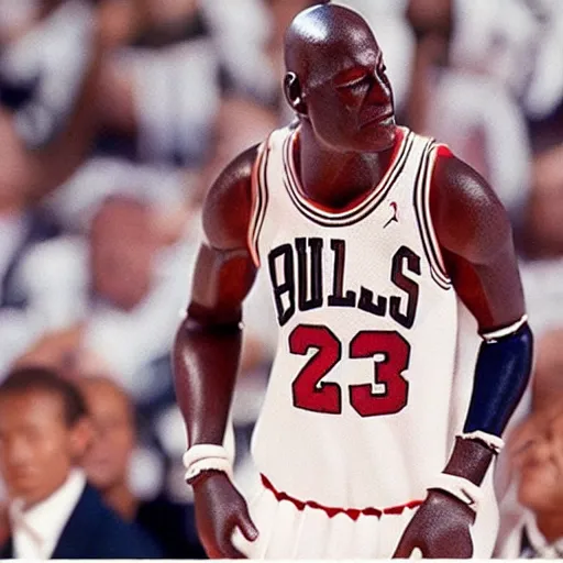 Image similar to Michael Jordan holds a mic at Jordan, highly detailed, photo realistic