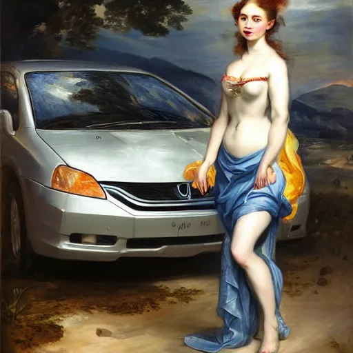 Image similar to heavenly summer sharp land sphere scallop well dressed lady standing next to a honda civic, auslese, by peter paul rubens and eugene delacroix and karol bak, hyperrealism, digital illustration, fauvist, standing next to a honda civic