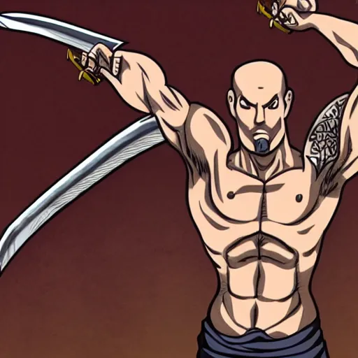 Image similar to muscular bald man, sword in hand, tattooed body, HD, anime,