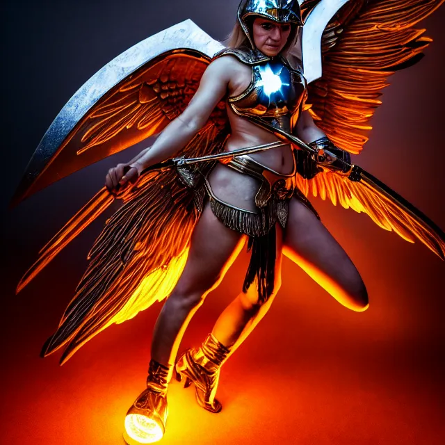 Image similar to photo of a real - life winged valkyrie warrior with light powers, highly detailed, 4 k, hdr, smooth, sharp focus, high resolution, award - winning photo