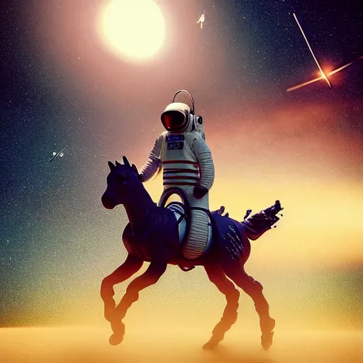 Prompt: hyperrealism aesthetic highly detailed photography of horse astronautback riding on a astronaut. from western by hiroyuki okiura and katsuhiro otomo and alejandro hodorovski style with many details by mike winkelmann and vincent di fate in sci - fi style. volumetric natural light hyperrealism photo on dsmc 3 system,