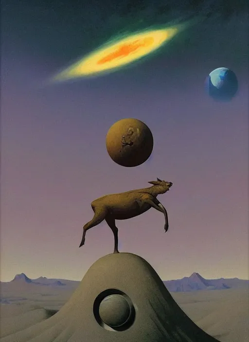 Image similar to a deer horned astronaut stands atop a melting dinosaur on the moon, Edward Hopper and James Gilleard, Zdzislaw Beksinski, Mark Ryden, Wolfgang Lettl highly detailed, hints of Yayoi Kasuma, Odilon Redon. Drexler