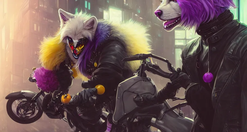 Image similar to wide angle award winning beautiful portrait commission of a male furry anthro albino wolf fursona with a tail and a cute beautiful attractive detailed furry face wearing stylish black, purple and yellow cyberpunk biker clothes riding a cybertech motorcycle in a cyberpunk city at night while it rains. Character design by charlie bowater, ross tran, artgerm, and makoto shinkai, detailed, inked, western comic book art