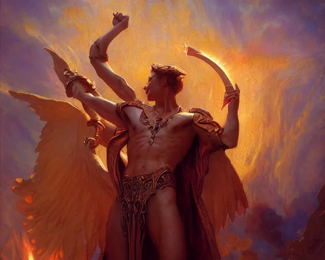 Image similar to attractive male deity, casting demonic magic, summoning handsome lucifer morning star. highly detailed painting by gaston bussiere, craig mullins, j. c. leyendecker 8 k