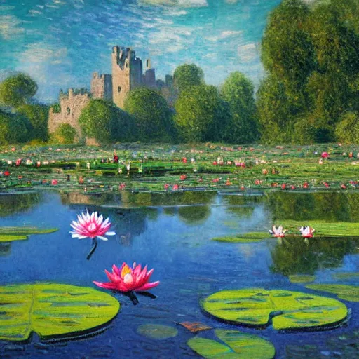 Image similar to sticker!!! with close - up of a smiling frog in the pond with water lilies, medieval castle on background, shallow depth of field, highly detailed, ominous, digital art, masterpiece, matte painting, sharp focus, matte painting, by isaac levitan, monet, asher brown durand,