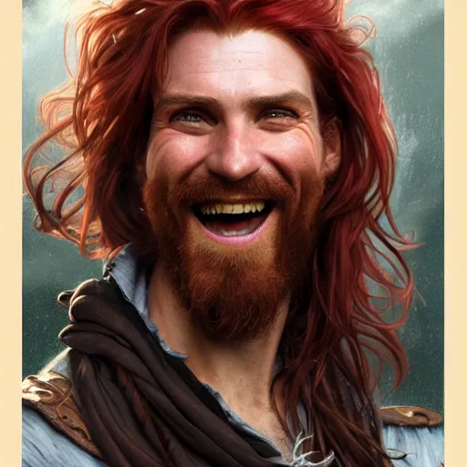 Prompt: portrait of a young ruggedly handsome but joyful pirate, male, masculine, upper body, red crimson hair, long long flowing hair, fantasy, proud grin, intricate, elegant, highly detailed, digital painting, artstation, concept art, matte, sharp focus, illustration, art by artgerm and greg rutkowski and alphonse mucha