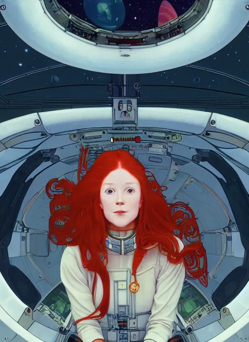 Prompt: interior of a spaceship cockpit, where a pretty young woman with long red hair is piloting the spacecraft, path traced, highly detailed, high quality, digital painting, by studio ghibli and alphonse mucha, ron cobb, leesha hannigan, hidari, art nouveau, chiho aoshima, jules bastien - lepage