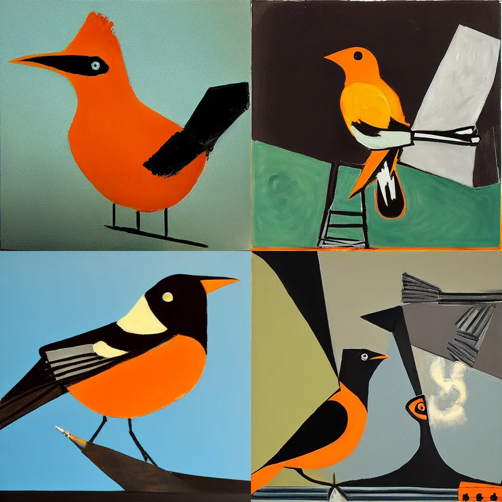 Prompt: “The Baltimore Oriole smoking a cigarette, painting Pablo Picasso, studio lighting, 4k”