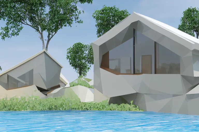 Image similar to photo of a comfy polygonal house designed in the style of seppo mantyla, 4 k, realistic render