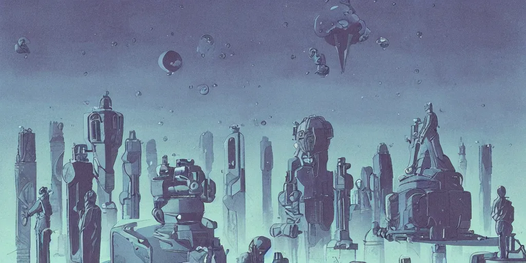 Image similar to vintage sci - fi, matte gouache illustration, gigantic woman speaking to floating cats in the air, cubes of ice around, a lot of tears, people crying, ominous, style by moebius