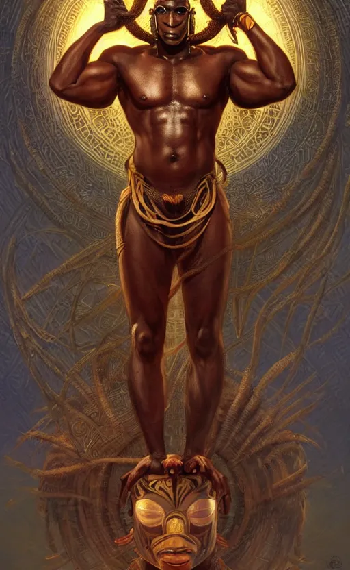 Image similar to the god anansi, male, african mythology, intricate, upper body, highly detailed, digital painting, artstation, concept art, sharp focus, cinematic lighting, illustration, art by artgerm and greg rutkowski, alphonse mucha, cgsociety