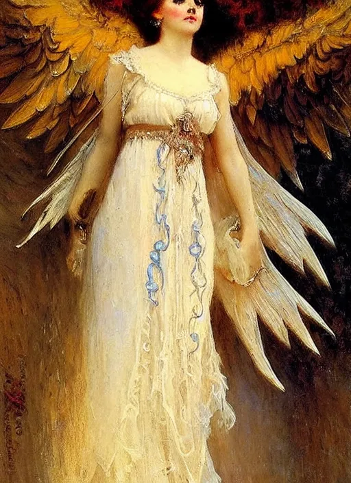 Image similar to vertical prtrait of an angel knight gothic girl, baroque dress. by gaston bussiere