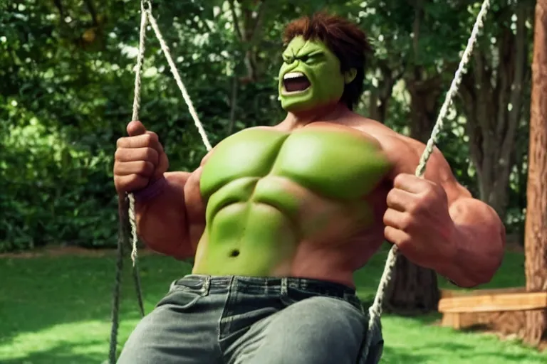 Image similar to hulk in a kid's swing at the children park, still shot from the new hulk movie, 4 k