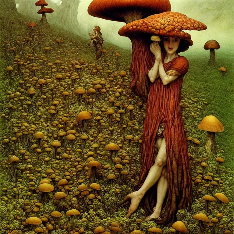 Image similar to A funguswoman stands among the mushroom hills. Lush mold. Wearing a fungus and mushroom. Perfect faces, extremely high details, detailed, realistic, fantasy art, solo, masterpiece, art by Zdzisław Beksiński, Arthur Rackham, Dariusz Zawadzki, Edward Robert Hughes, Eugene de Blaas, Frederic Leighton