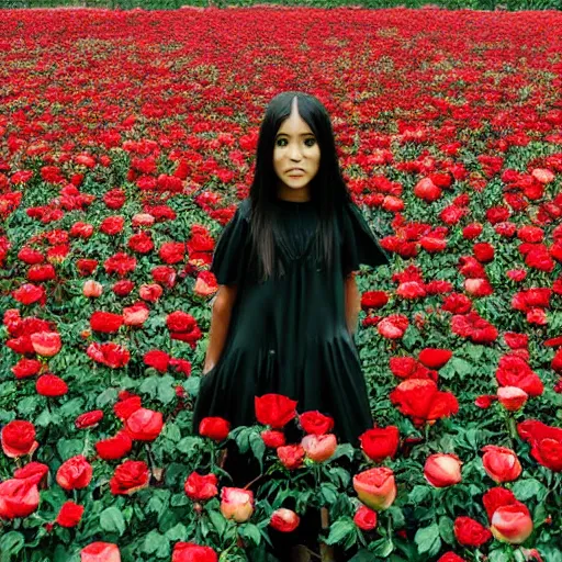 Prompt: a girl with medium and long hair standing in the sea of roses