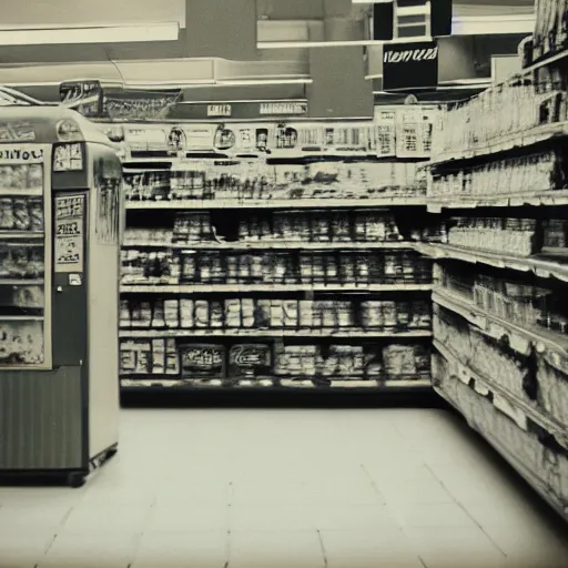 Image similar to Vintage Photograph of a futuristic time machine inside of a grocery store, shallow depth of field, awkward, out of place, polaroid 600 Color