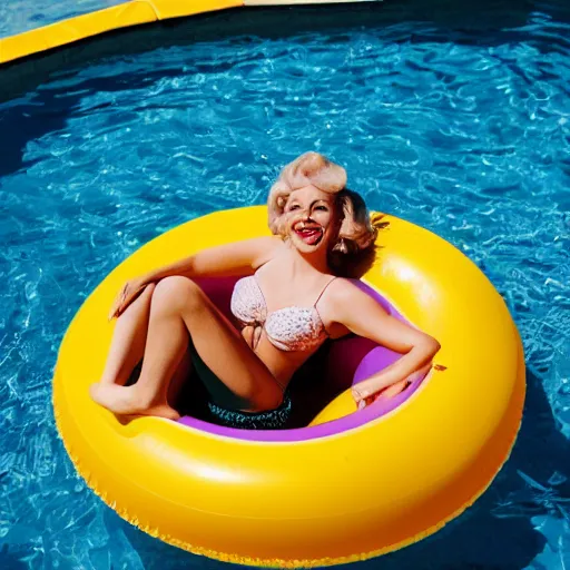 Prompt: Beautiful woman with retro blonde hair and makeup smiling at the camera and floating in a circular inflatable plastic raft, in a luxurious pool, wide shot, fuzzy polaroid photograph, 1960s, hyperrealism