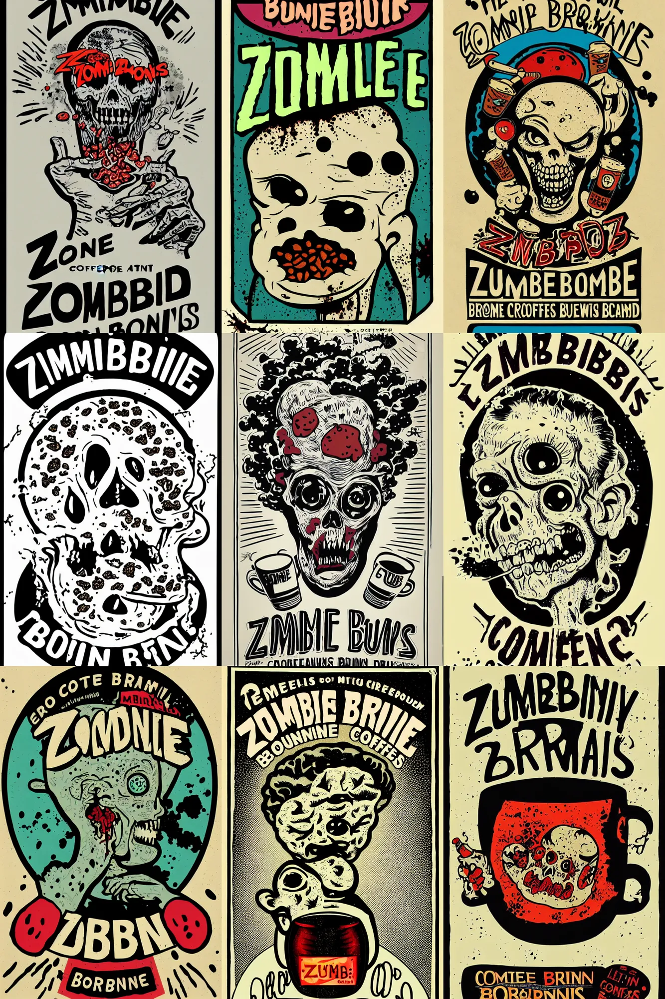 Prompt: zombie drinking brains coffee logo, take away coffee atomic brain, by mcbess, full colour print, vintage colours, atomic bomb mushroom cloud made of brains, 1950s