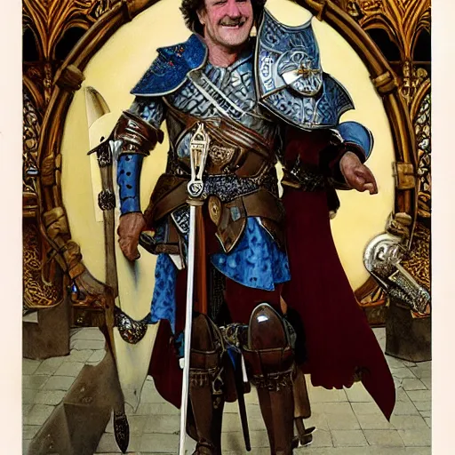 Image similar to an ultradetailed portrait of robin williams dressed as a fantasy holy paladin, carrying a large tower shield, d & d, fantasy, intricate, elegant, highly detailed, digital painting, matte, sharp focus, illustration, plate armor, god rays, art by john collier and albert aublet and krenz cushart and artem demura and alphonse mucha