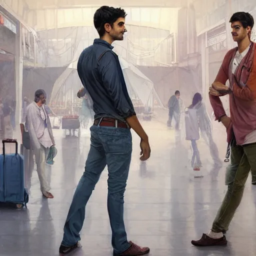 Image similar to Anxious good looking pale young Indian doctors wearing jeans and shirts at the airport, portrait, elegant, intricate, digital painting, artstation, concept art, smooth, sharp focus, illustration, art by artgerm and greg rutkowski and alphonse mucha