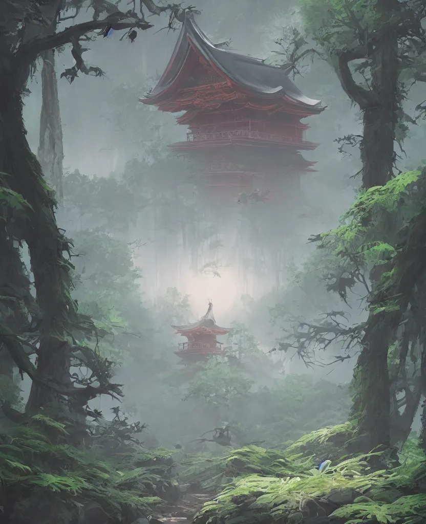 Image similar to concept art by sylvain sarrailh of a funny haunted japan temple in a forest