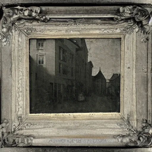 Prompt: street photograph from the 1600s, faded, blurry, first ever photograph