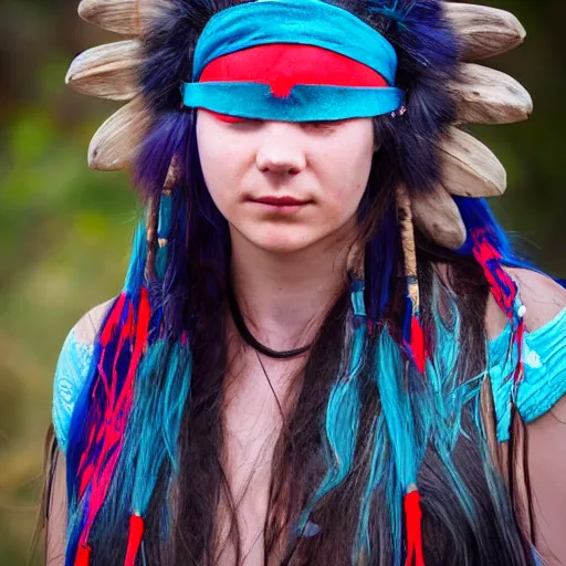 Image similar to A young female shaman, blue hair and antlers on her head. blindfolded, heilung, in the style of Heather