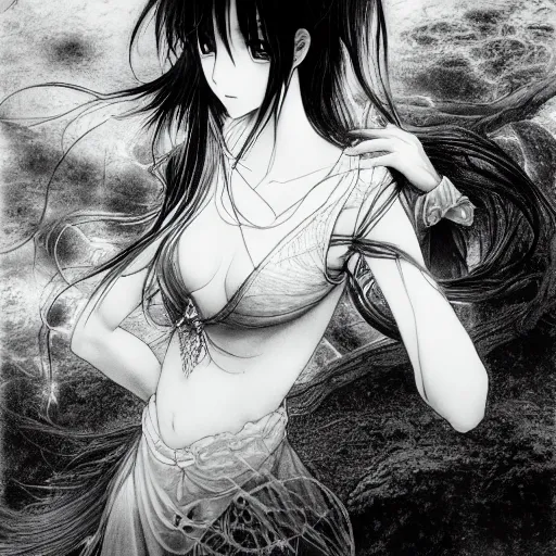 Image similar to a portrait of a character in a scenic environment by Yoshitaka Amano, black and white, dreamy, dark eyes, wavy silver hair, highly detailed