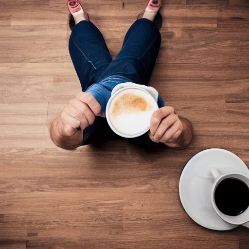 Image similar to time stop photo of man stumble and drop all his coffe food