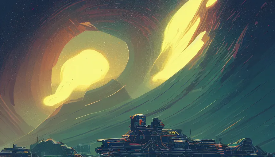 Image similar to concept art of an epic spiral galaxy in style of dan mumford and laurie greasley by james gilleard, very detailed, clean lines, atmospheric, vivid, wide angle, masterpiece