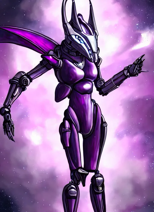 Image similar to cinematic bust shot, cosmic sized proportional stunning beautiful hot female warframe, detailed robot mecha female dragon head, metal ears purple eyes, sleek silver armor, fuschia skin, floating in empty space, nebula sized, posing elegantly, epic proportions, epic size, epic scale, furry art, dragon art, giantess art, warframe fanart, furaffinity, deviantart