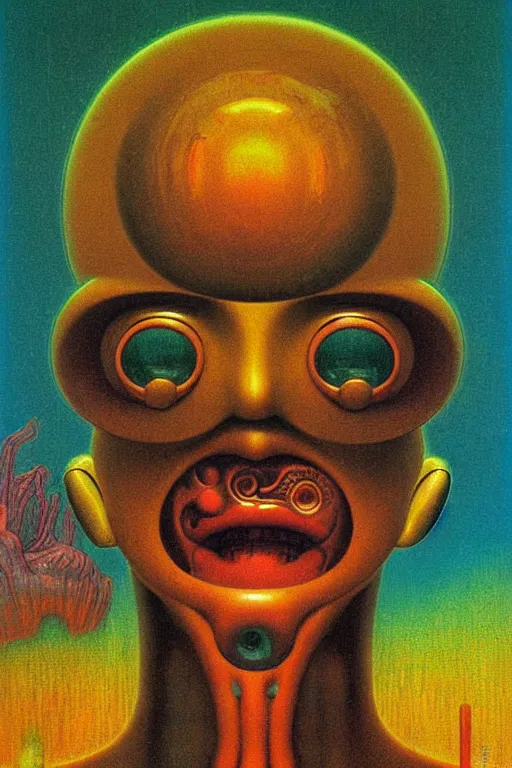 Image similar to 8 0 s art deco close up portait of mushroom head with big mouth surrounded by spheres, rain like a dream oil painting curvalinear clothing cinematic dramatic cyberpunk fluid lines otherworldly vaporwave interesting details epic composition by basquiat zdzisław beksinski james jean artgerm rutkowski moebius francis bacon gustav klimt