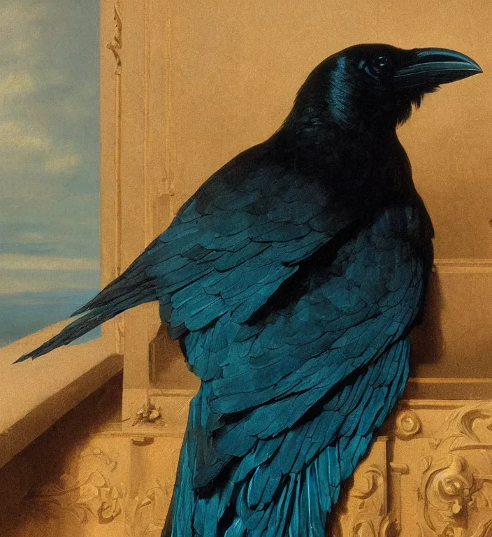 Image similar to a beautifully photoreal clear detailed victorian portrait of a close up raven on a victorian windowsill with an ornate velvet dark teal curtain at beautiful sunset daytime nature sunlit painting by frederic leighton and turner and morris and rosetti, 8 k, octane render