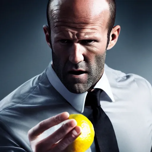 Image similar to ultra realistic professional photo of Jason Statham yelling at a lemon