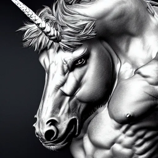 Prompt: epic muscular portrait of gigachad unicorn, 8k, trending on Artstation