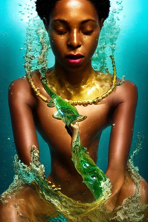 Image similar to hyperrealistic neo - modern cinematic half underwater scene with fish and algae, very expressive! translucent elegant african goddess getting out of water, gold jewerly, highly detailed face, digital art masterpiece, aykut aydogdu zener, dramatic volumetric light, long shot, low angle uhd 8 k, sharp focus