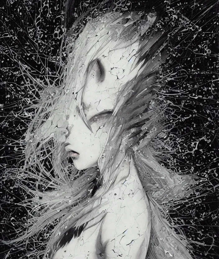 Image similar to Yoshitaka Amano realistic illustration of an anime girl with white hair and cracks on her face wearing dress suit with tie fluttering in the wind, abstract black and white patterns on the background, noisy film grain effect, highly detailed, Renaissance oil painting, weird portrait angle