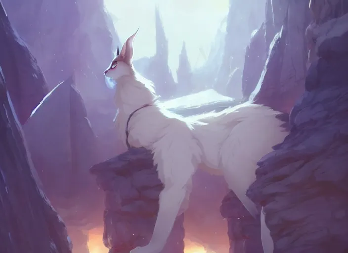 Image similar to cute fluffy caracal wearing white cultist robe, details, fantasy, epic, sacrificial altar, landscape illustration concept art anime key visual trending pixiv fanbox by wlop and greg rutkowski and makoto shinkai and studio ghibli and kyoto animation symmetrical facial features
