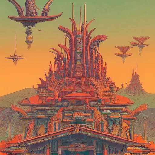 Image similar to highly detailed illustration of a temple on a strange planet, by moebius, by kilian eng, by sam freio, by thomas rome, by victor mosquera, by bruce pennington, juxtapoz, behance, dayglo, prismatic