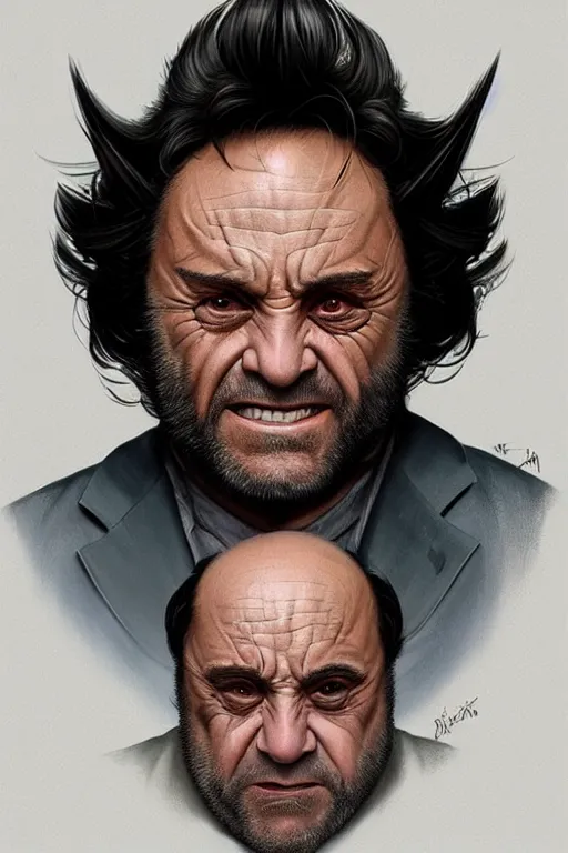 Image similar to danny devito as wolverine, realistic portrait, symmetrical, highly detailed, digital painting, artstation, concept art, smooth, sharp focus, illustration, cinematic lighting, art by artgerm and greg rutkowski and alphonse mucha