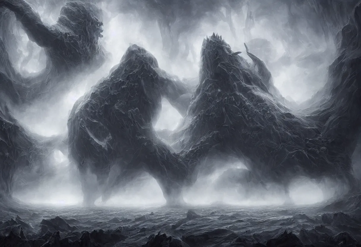 Prompt: A terrifying giant monster made of mist and ink, dramatic atmosphere, masterpiece digital painting by Alex Grey, Greg Rutkowski, 4k wallpaper