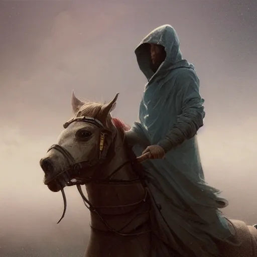 Image similar to cinematic shot epic portrait an hooded man riding a horse in middle of wheat fields, sunny, cloudy, broad light, ambient occlusion, volumetric light effect, made by ivan aivazovsky, peter mohrbacher, greg rutkowski, matte painting, trending on artstation, 4 k, perfectly defined features, digital painting, cinematic, epic, highly detailed,